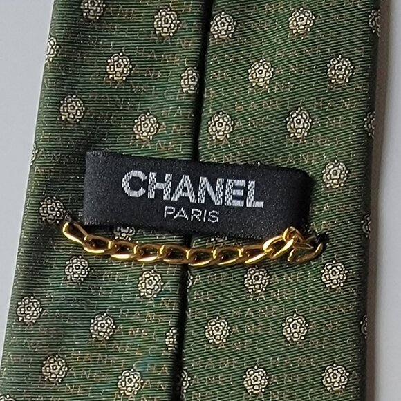 CHANEL Men's Vintage Tie 100% Silk Made in Italy green with cameillas - Picture 2 of 6